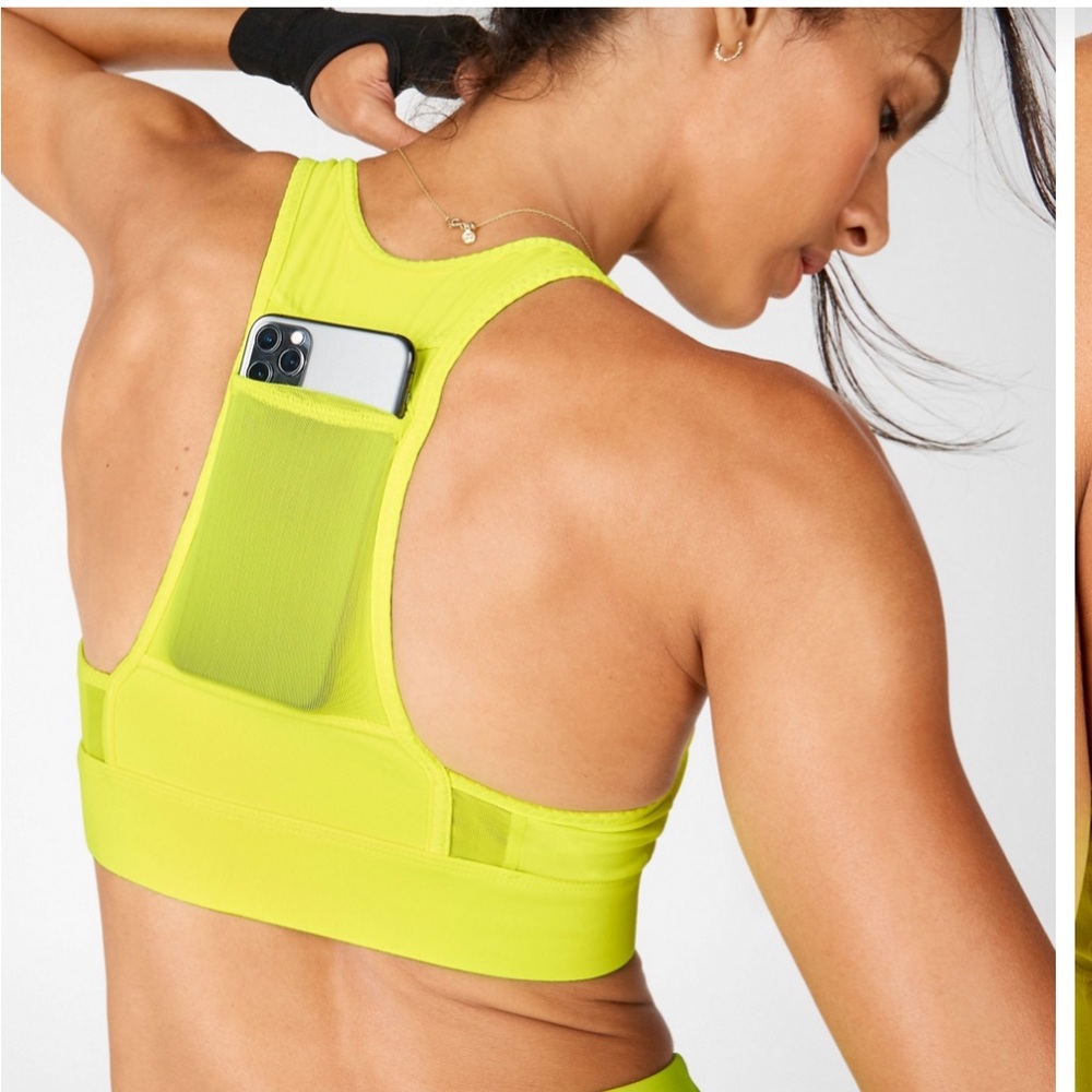 Fabletics On-The-Go Neon Green Lime Yellow Medium Impact Sports Bra Back Pocket